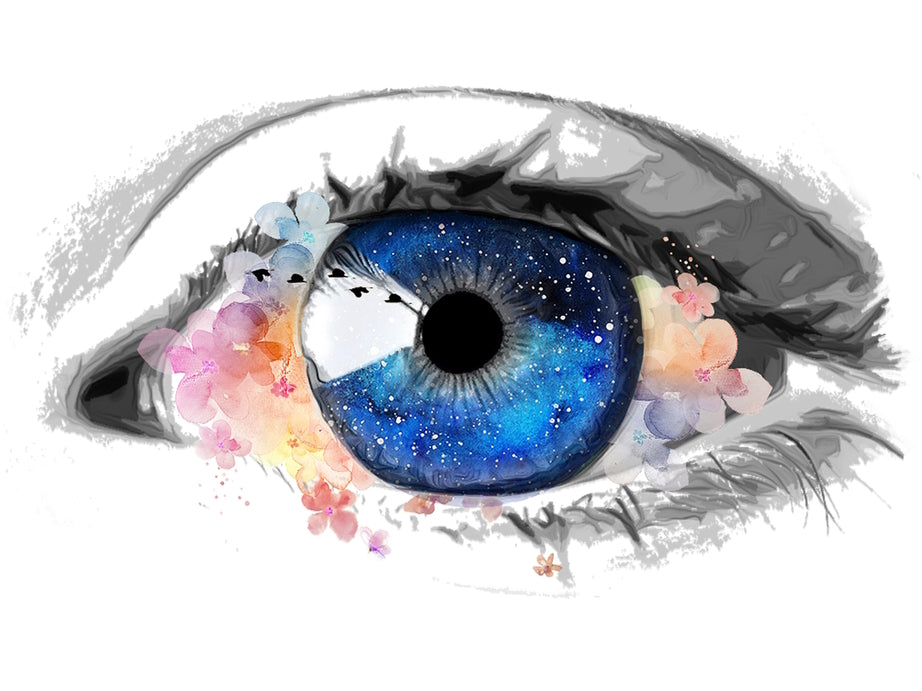 Blau funkelndes Auge, welches die Persönlichkeit und Individualität von Schmuck widerspiegelt