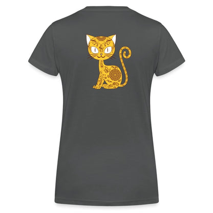 Damen V-Ausschnitt Bio T-Shirt - Mandala Katze - Anthrazit
