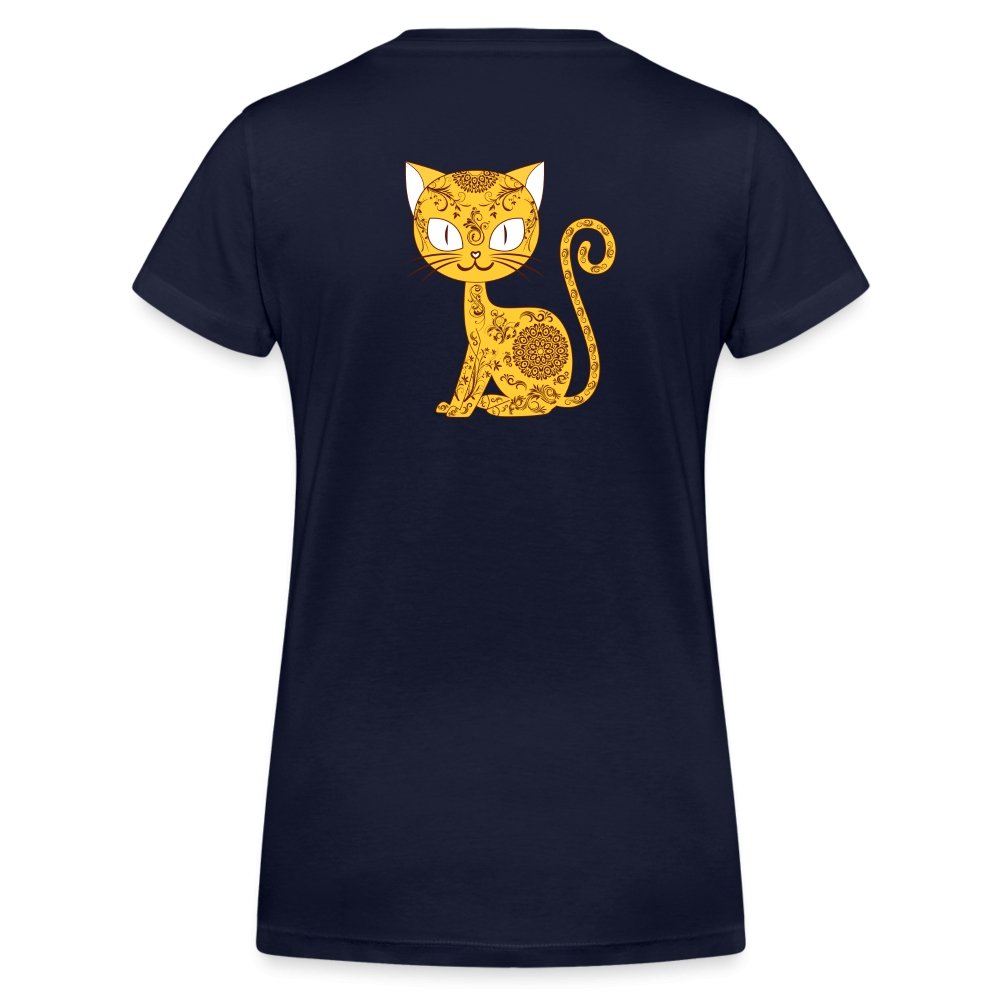 Damen V-Ausschnitt Bio T-Shirt - Mandala Katze - Navy