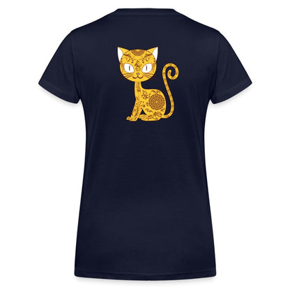 Damen V-Ausschnitt Bio T-Shirt - Mandala Katze - Navy