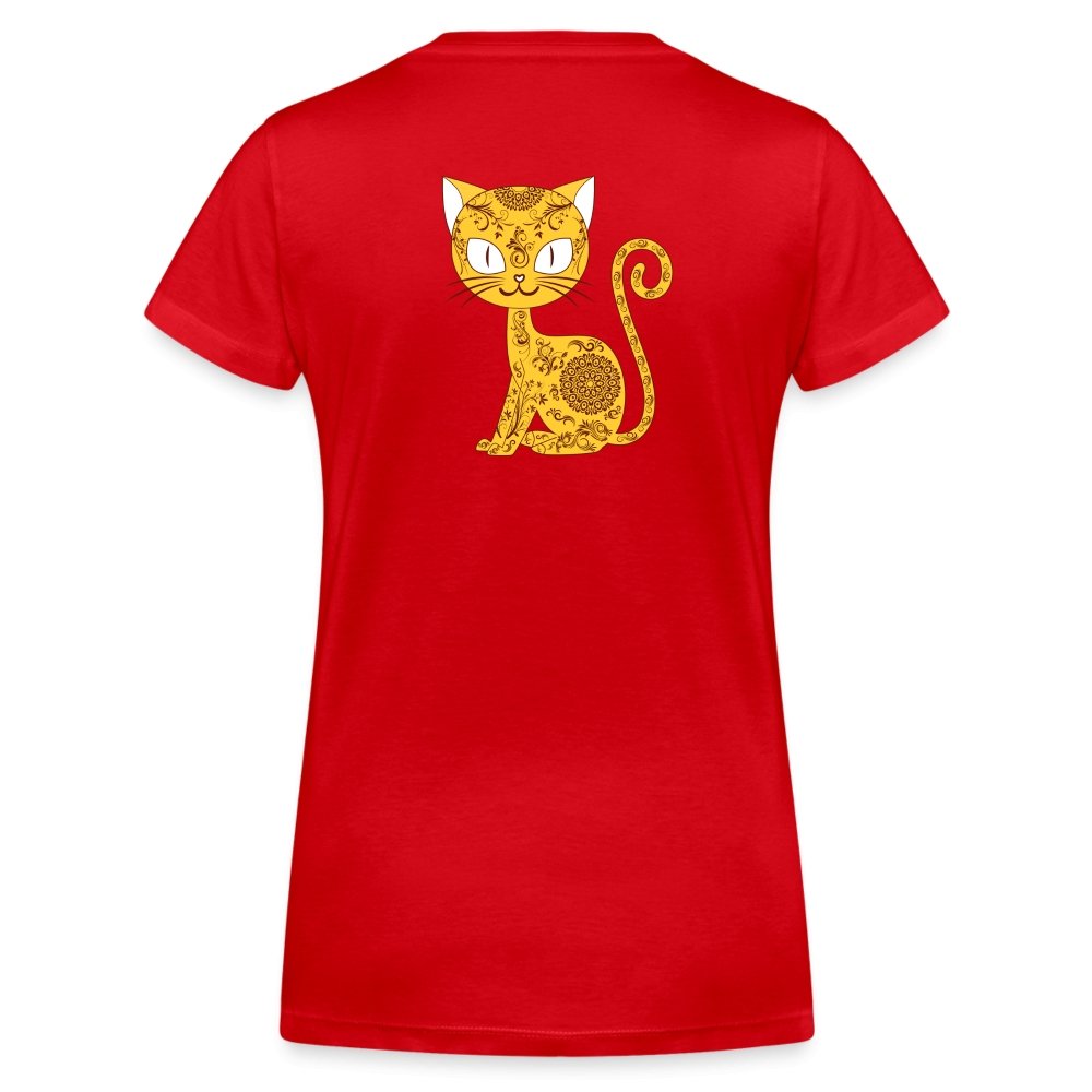 Damen V-Ausschnitt Bio T-Shirt - Mandala Katze - Rot