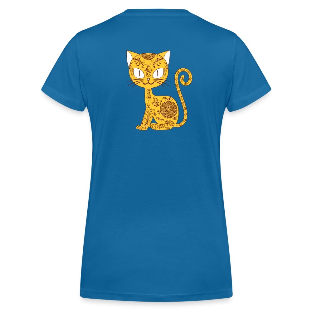 Damen V-Ausschnitt Bio T-Shirt - Mandala Katze - Pfauenblau