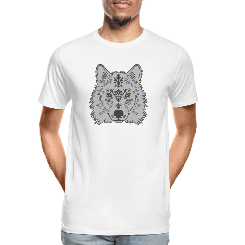 Herren Premium Bio T-Shirt - Grauer Wolfskopf - weiß