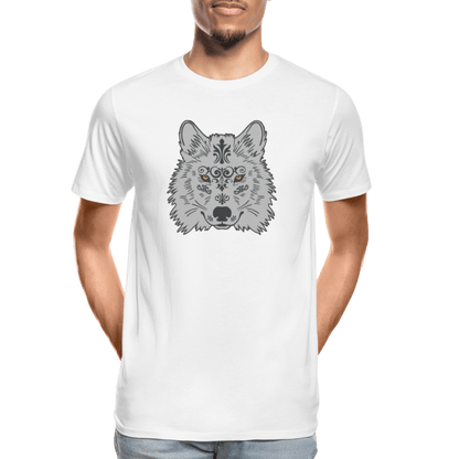 Herren Premium Bio T-Shirt - Grauer Wolfskopf - weiß