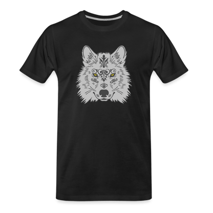 Herren Premium Bio T-Shirt - Grauer Wolfskopf - Schwarz