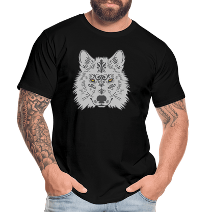 Herren Premium Bio T-Shirt - Grauer Wolfskopf - Schwarz