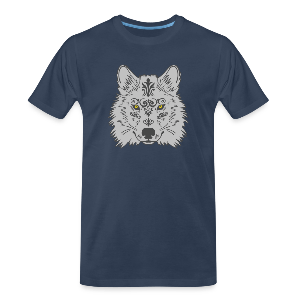 Herren Premium Bio T-Shirt - Grauer Wolfskopf - Navy