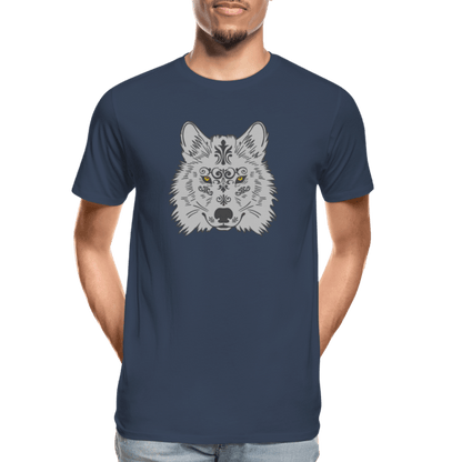 Herren Premium Bio T-Shirt - Grauer Wolfskopf - Navy