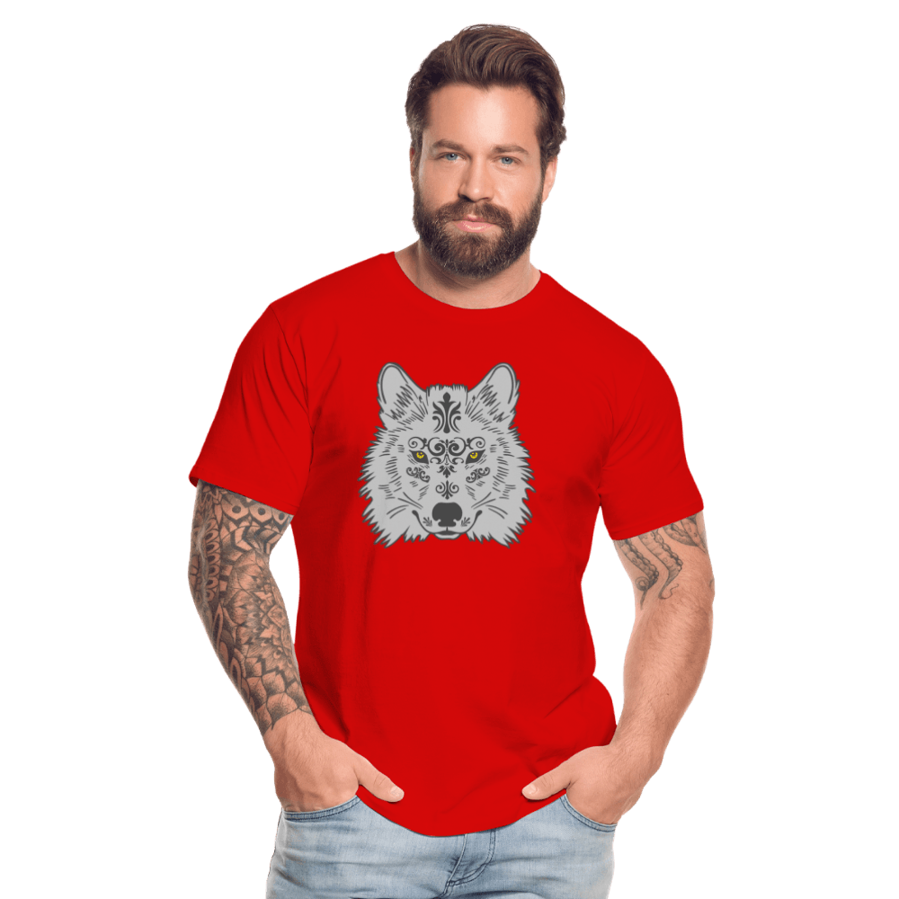 Herren Premium Bio T-Shirt - Grauer Wolfskopf - Rot