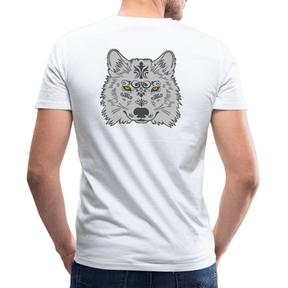 Herren V-Ausschnitt Bio T-Shirt - Grauer Wolfskopf - weiß