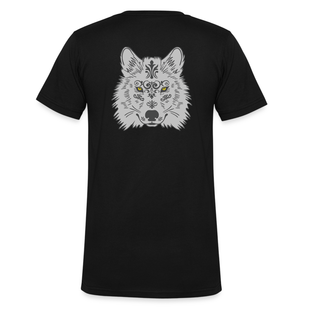 Herren V-Ausschnitt Bio T-Shirt - Grauer Wolfskopf - Schwarz
