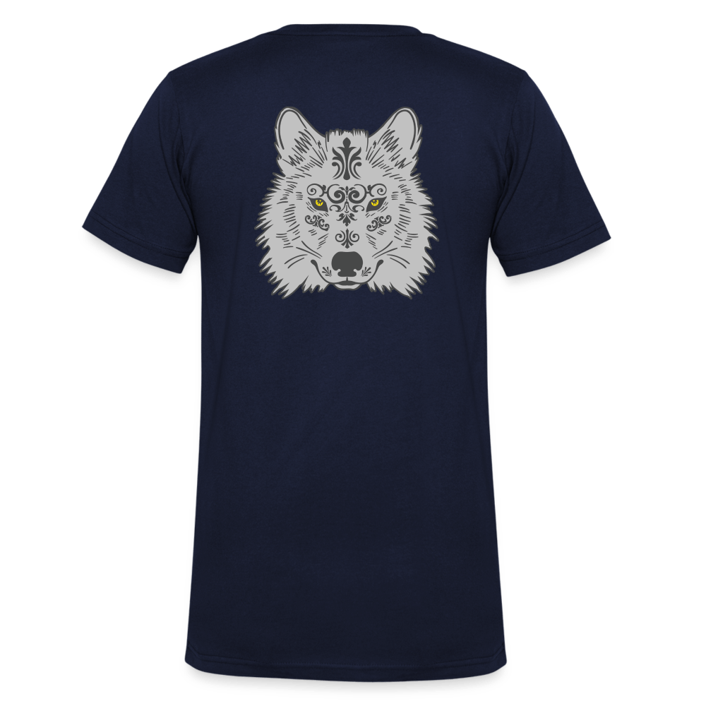 Herren V-Ausschnitt Bio T-Shirt - Grauer Wolfskopf - Navy