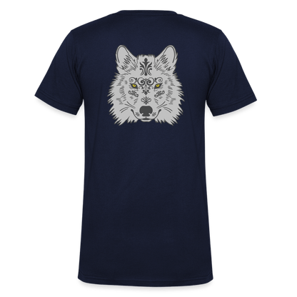 Herren V-Ausschnitt Bio T-Shirt - Grauer Wolfskopf - Navy